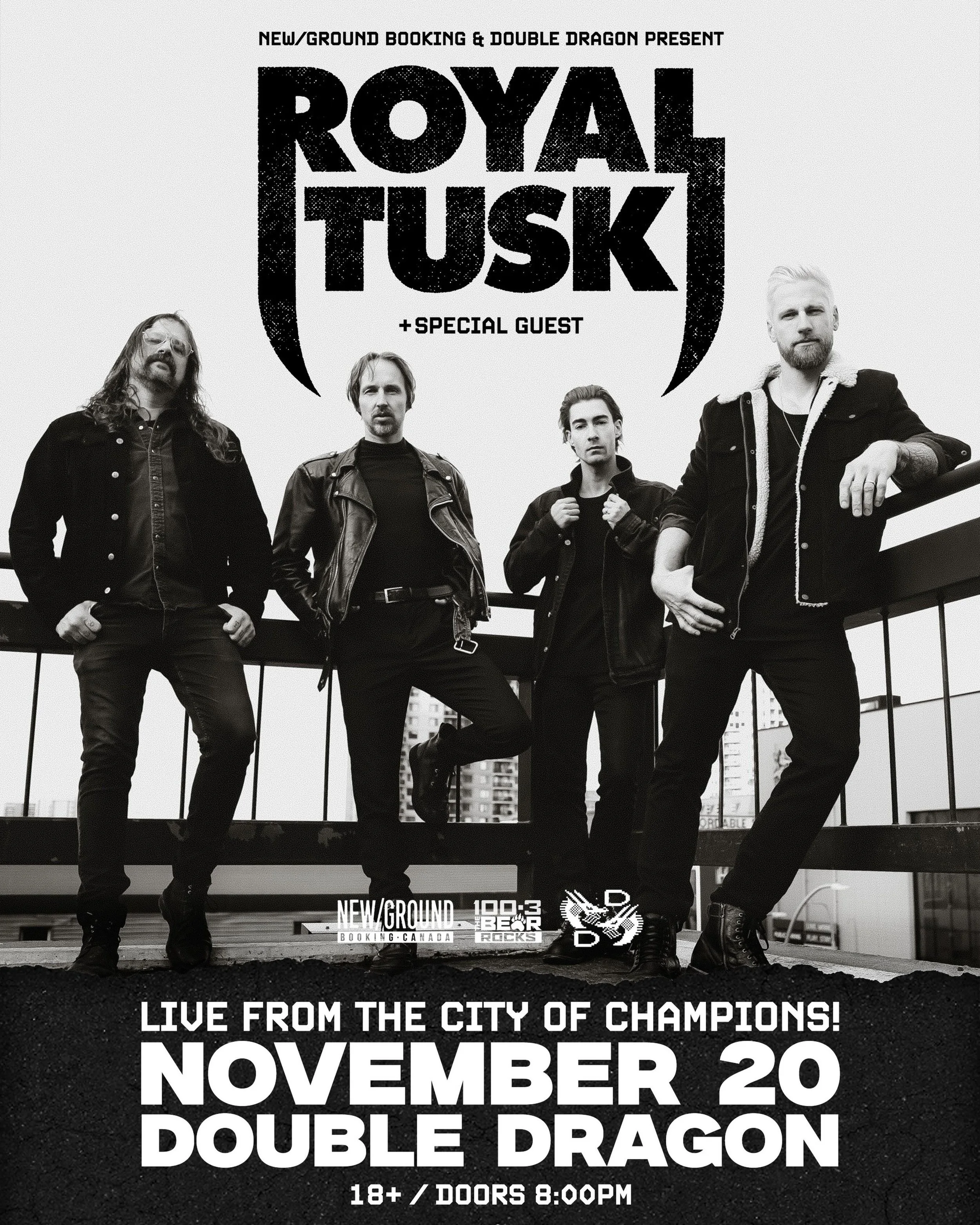 ROYAL TUSK &mdash; LIVE AT DOUBLE DRAGON 🤘

Edmonton&rsquo;s own Royal Tusk returns home for a night at Double Dragon.

FRIDAY, NOVEMBER 20
Royal Tusk

Special Guest TBA
📍 Double Dragon
🚪 Doors 8PM
🔞 18+

🎟 Tickets on sale Wedneaday, September 2