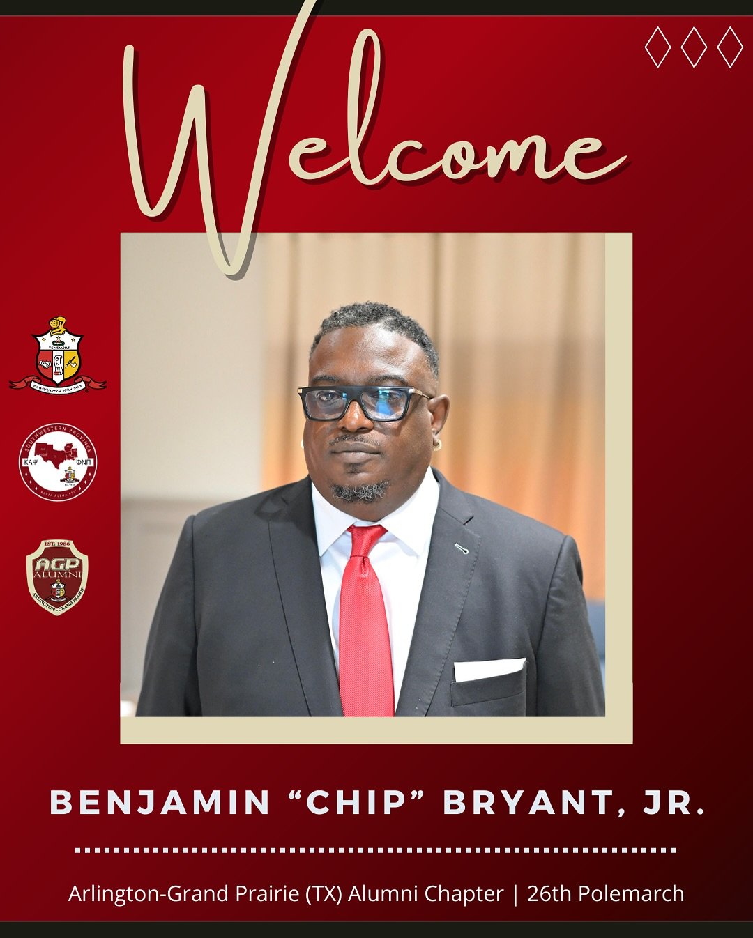The Arlington-Grand Prairie (TX) Alumni Chapter of Kappa Alpha Psi Fraternity, Inc. is thrilled to welcome the dynamic 26th Administration of our beloved chapter! 

We proudly congratulate Benjamin &ldquo;Chip&rdquo; Bryant as he steps into the role 