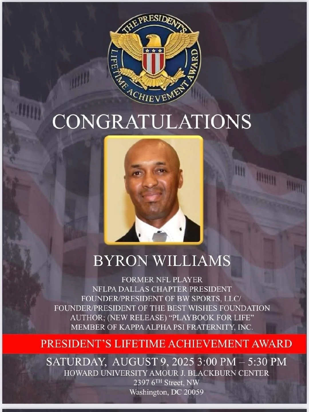 Please join us in congratulating our brother, charter member of AGP, and 3rd Annual Byron Williams Celebrity Scholarship Golf Classic &amp; Awards Banquet namesake, Mr. Byron Williams.

Byron, a Texarkana, TX native, holds numerous titles: philanthro