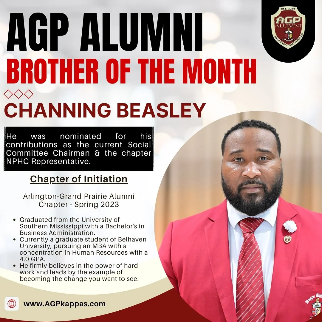 Brother Channing Beasley (@iamrebel601), an Arlington Grand Prairie Alumni (TX) - Spring 2023 initiate, current Social Committee Chairman and the chapters NPHC Representative, was awarded the AGP Brother of the Month.

Thank you, brother Beasley, for