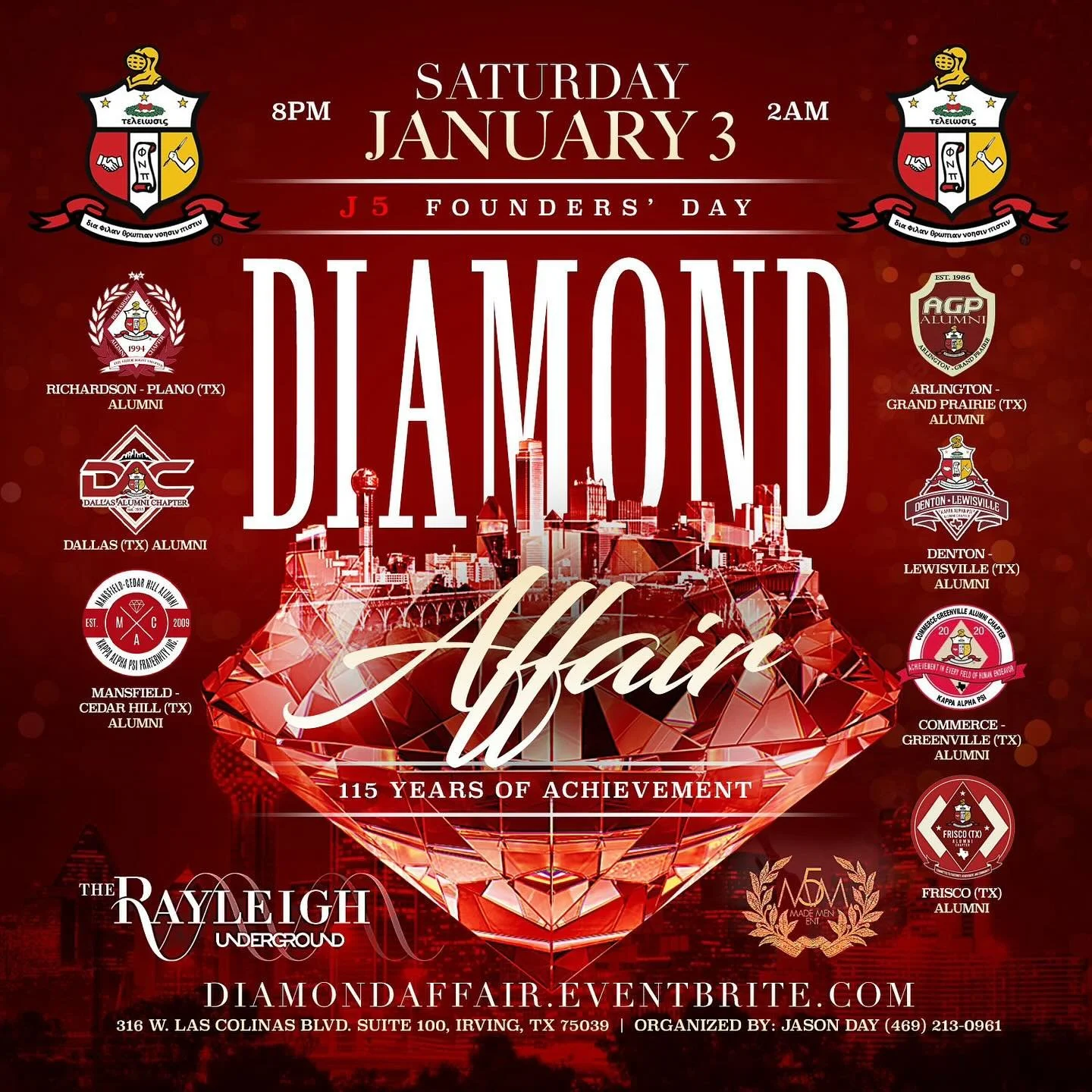 It&rsquo;s time to celebrate 115 Years of Achievement! Join us for an unforgettable night of elegance, brotherhood, and distinction. Diamond Affair &ndash; J5 Founders&rsquo; Day Celebration! The Rayleigh Underground &ndash; Irving, TX
📅 Saturday, J