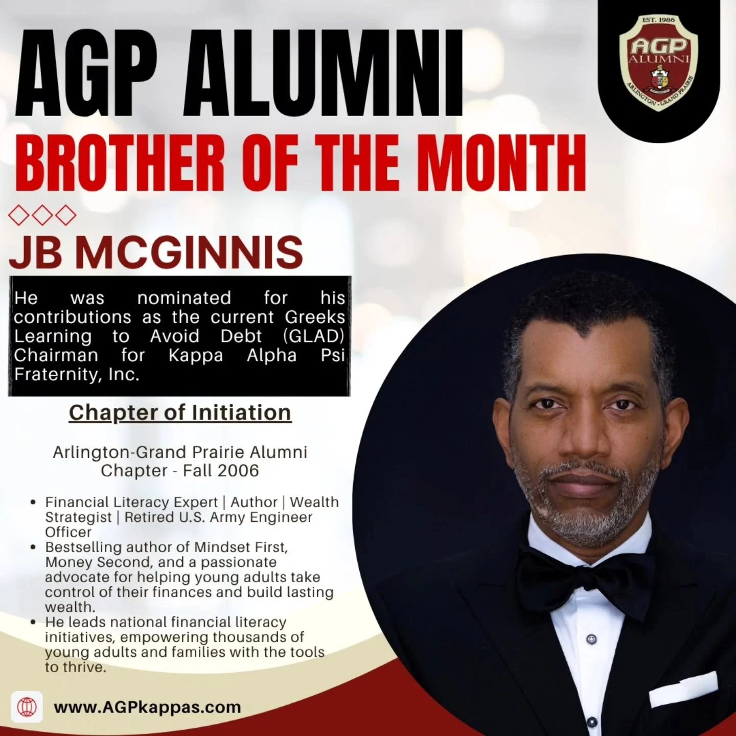 Brother JB MCGINNIS a Fall 2006 initiate of the Arlington Grand Prairie Alumni Chapter who currently serves as Chairman of ( GLAD ) Greeks learning to avoid debt is awarded the AGP Brother of the Month. 
With numerous other accolades to announce we c