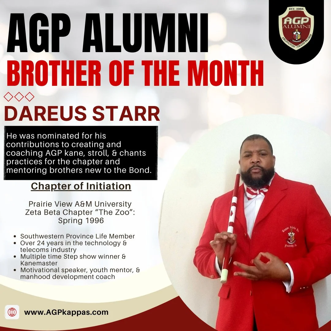 Please help us as we celebrate Brother Dareus Star @mr_ot_motiv8n as @agpkappas brother of the month.
Initiated at Prairie View A&amp;M University, Zeta Beta, "The Zoo", Spr. 1996
Earned a Bachelor in Electrical Engineering
Over 24 years ex