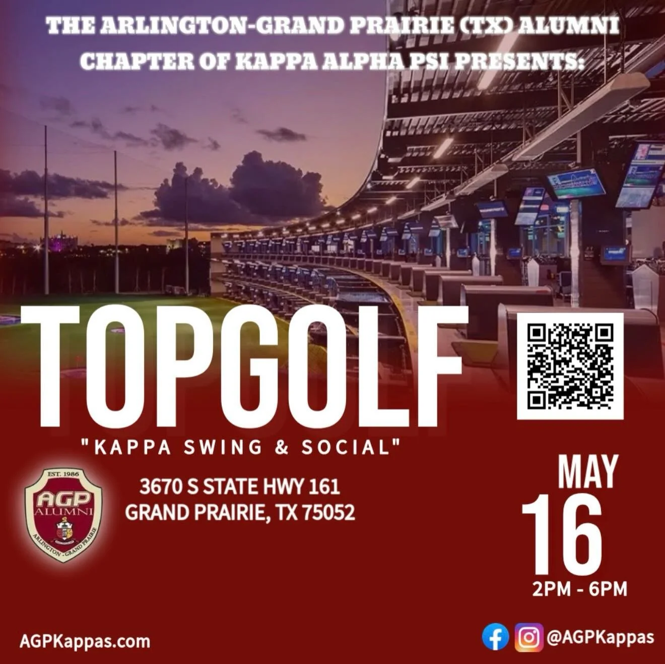 Pull up &amp; vibe with us! ⛳🔥

We&rsquo;re taking over Topgolf Grand Prairie for a whole day of swings, laughs, and good energy!

May 16 | 2PM&ndash;6PM

Bring your crew, grab a bay, and let&rsquo;s make it a day to remember 🍻🎶

🎟️ Scan the QR c