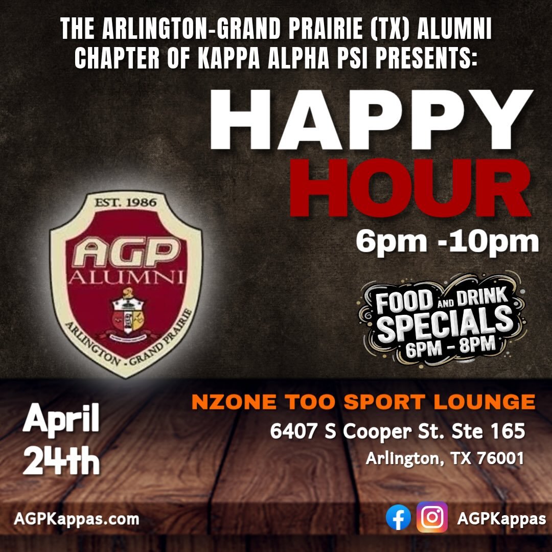 AGP Happy Hour is back! Join us Friday, April 24th for a relaxed evening of drinks, laughter, good vibes, and great company.
📍 NZone Too Sport Lounge
🗓 April 24th
⏰ 6PM&ndash;10PM
#AGPkappas #KappaAlphaPsi #HappyHour #kappaalphapsifraternityincorpo