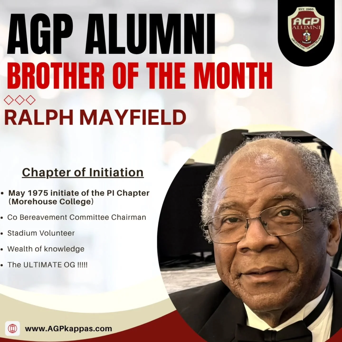 AGP Brother of the Month is brother Ralph Mayfield 
1975 initiate of the Pi at Morehouse College.
True leader in his community. Yo 👌🏾 &diams;️