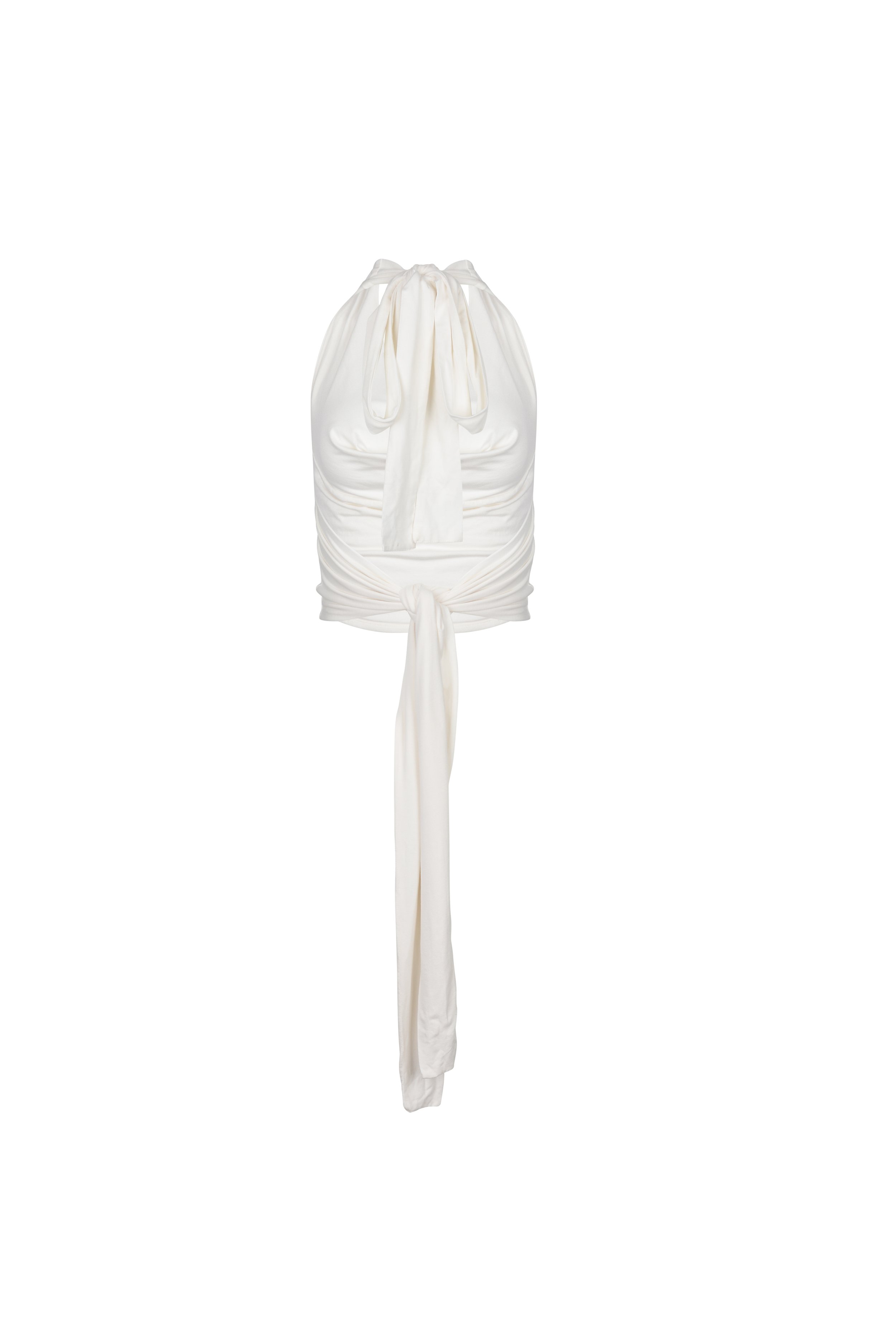 Rua cowl-neck draped halter top in white by SOULLA the Label