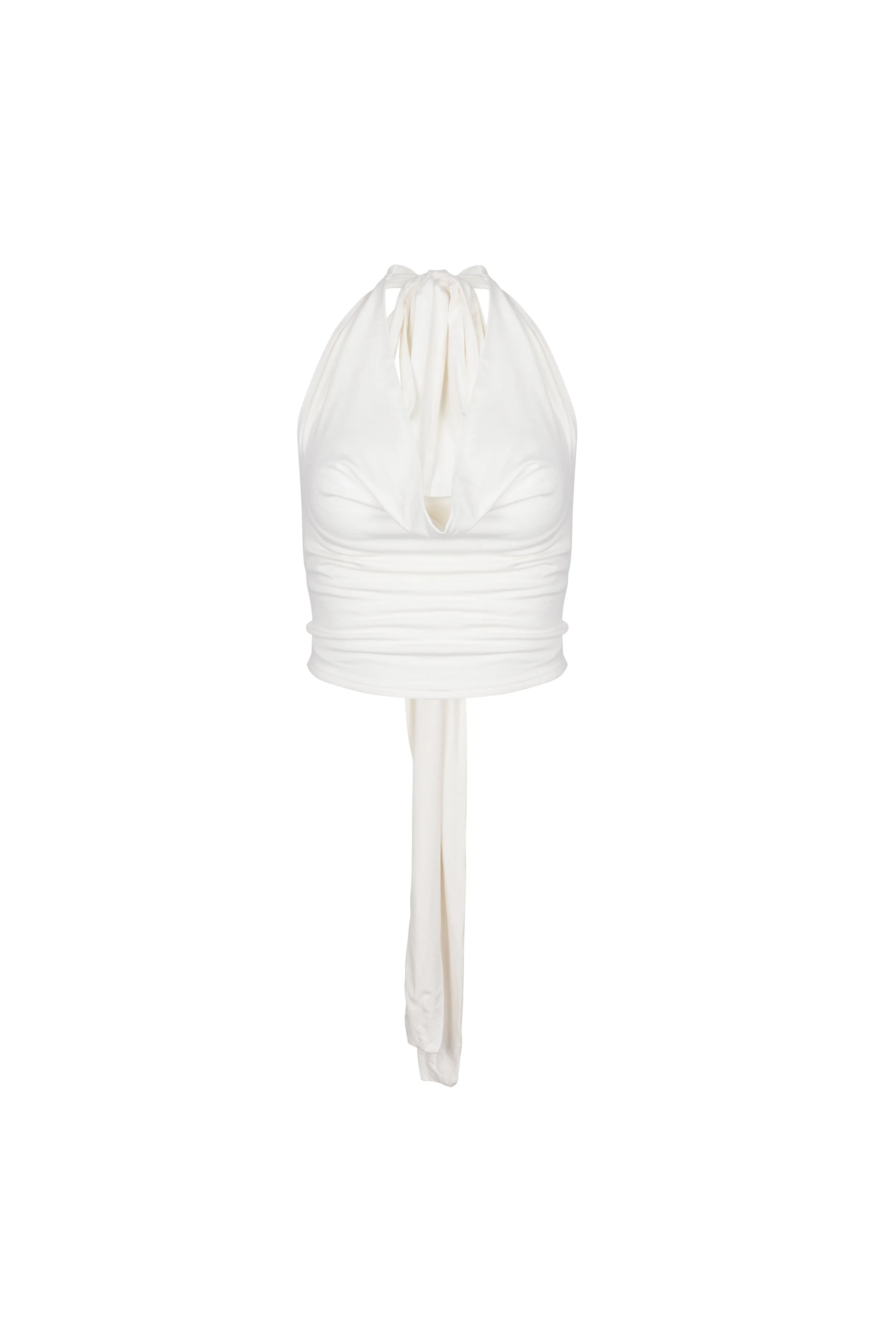 Rua cowl-neck draped halter top in white by SOULLA the Label