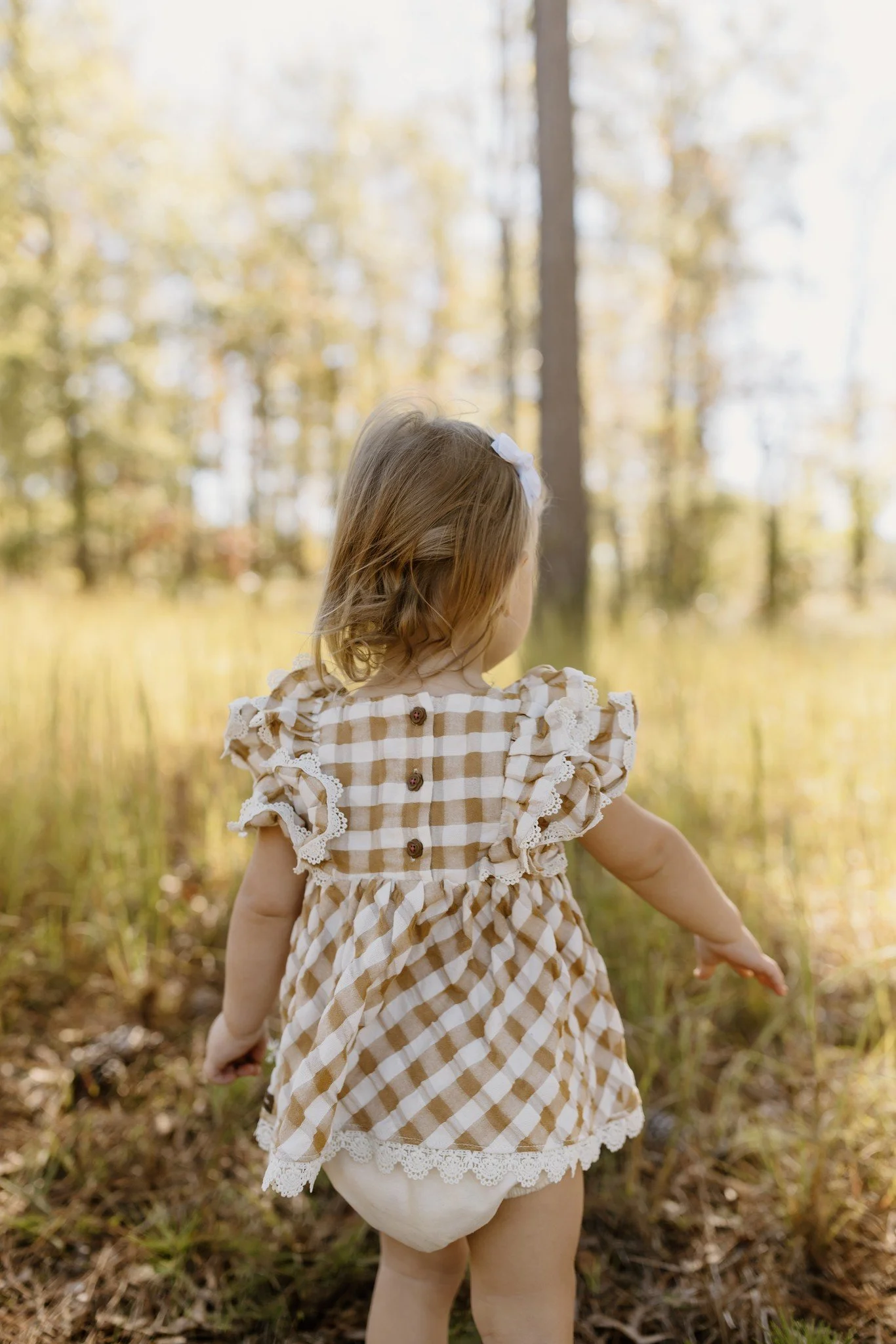 Toddler in a gingham dress and hair bow wanders into the pines, seen from behind