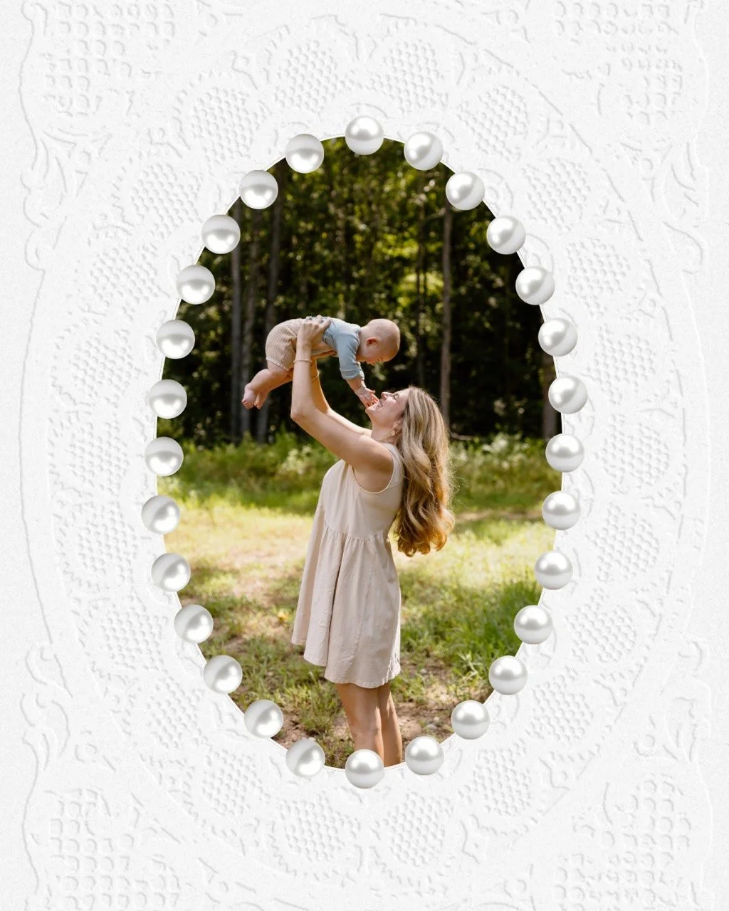 Lindsey holding her baby, Stokely, outdoors in a pearl-framed portrait.