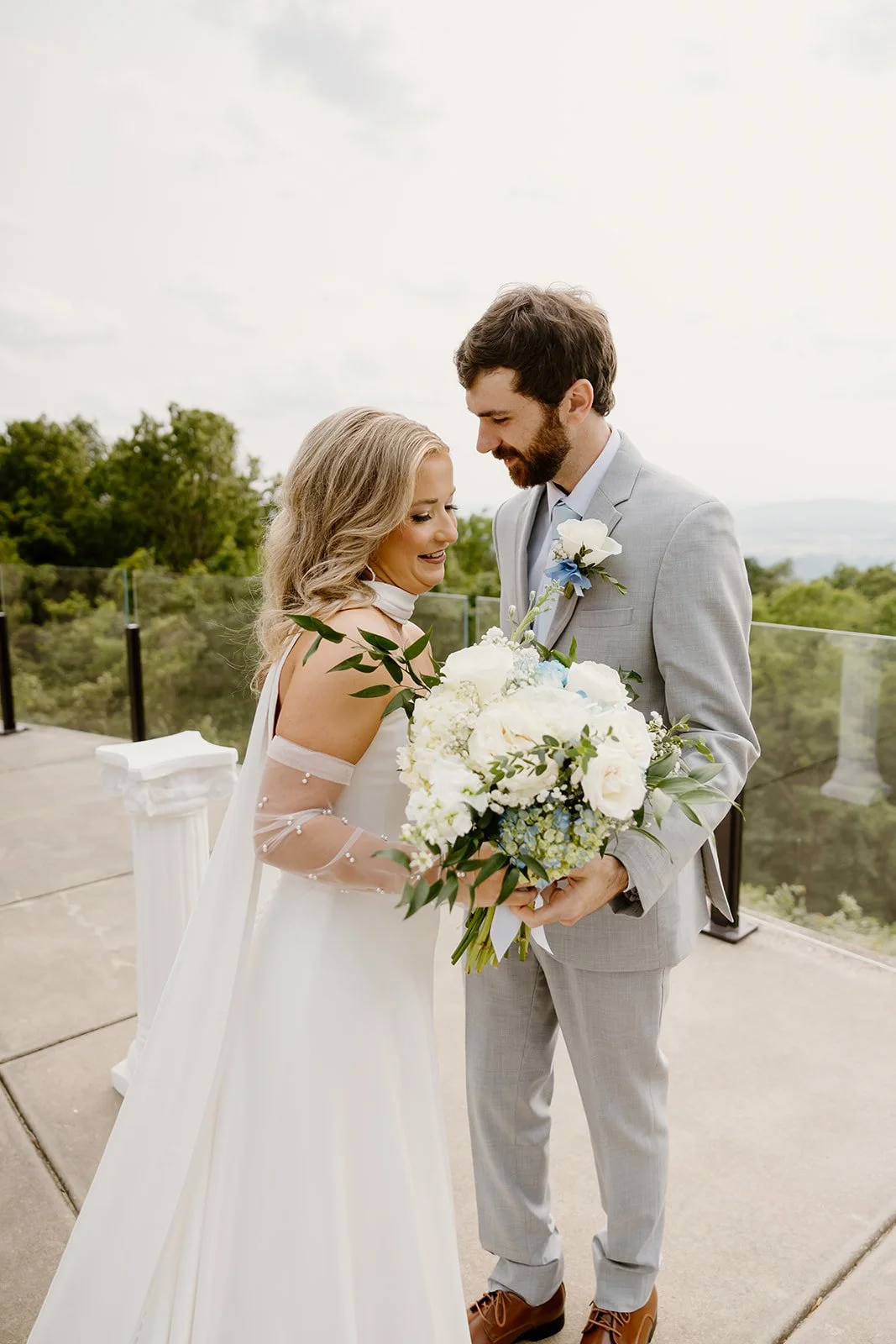 Groom seeing his bride for the first time during their first look in Huntsville, Alabama
