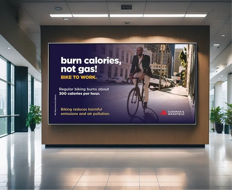 Series of lobby screen graphics with sustainability tips