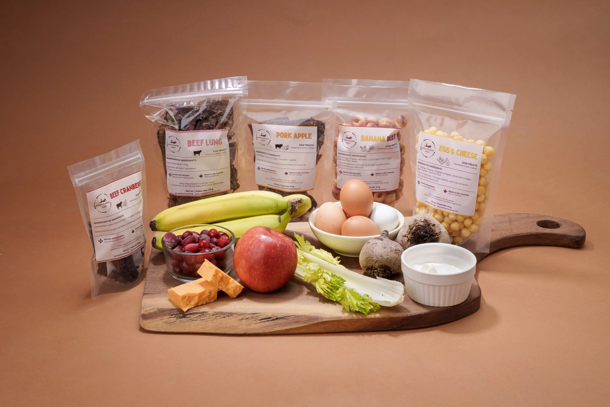 The raw ingredients and final product of dog treats
