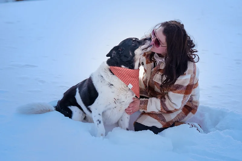 a girl and her heart dog sitting in the snow at cedar bay