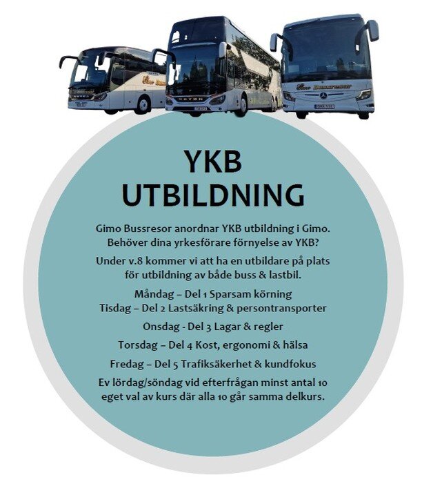 💡 SPORTLOVSERBJUDANDE 1450 ex moms
Inklusive kursmaterial, lunch och fika.
L&aring;ter detta intressant? 

Kontakta Gimo Buss p&aring; mail: info@gimobuss.se

Vi kommer &auml;ven ha utbildning V.44 och V.8 2025. Mer information om de veckorna kommer