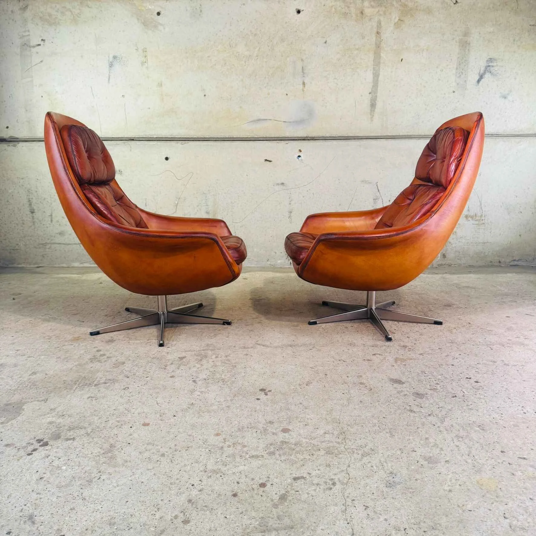 Vintage Danish Pair of Tan Leather Swivel Egg Chairs – Chrome Base (2).jpeg