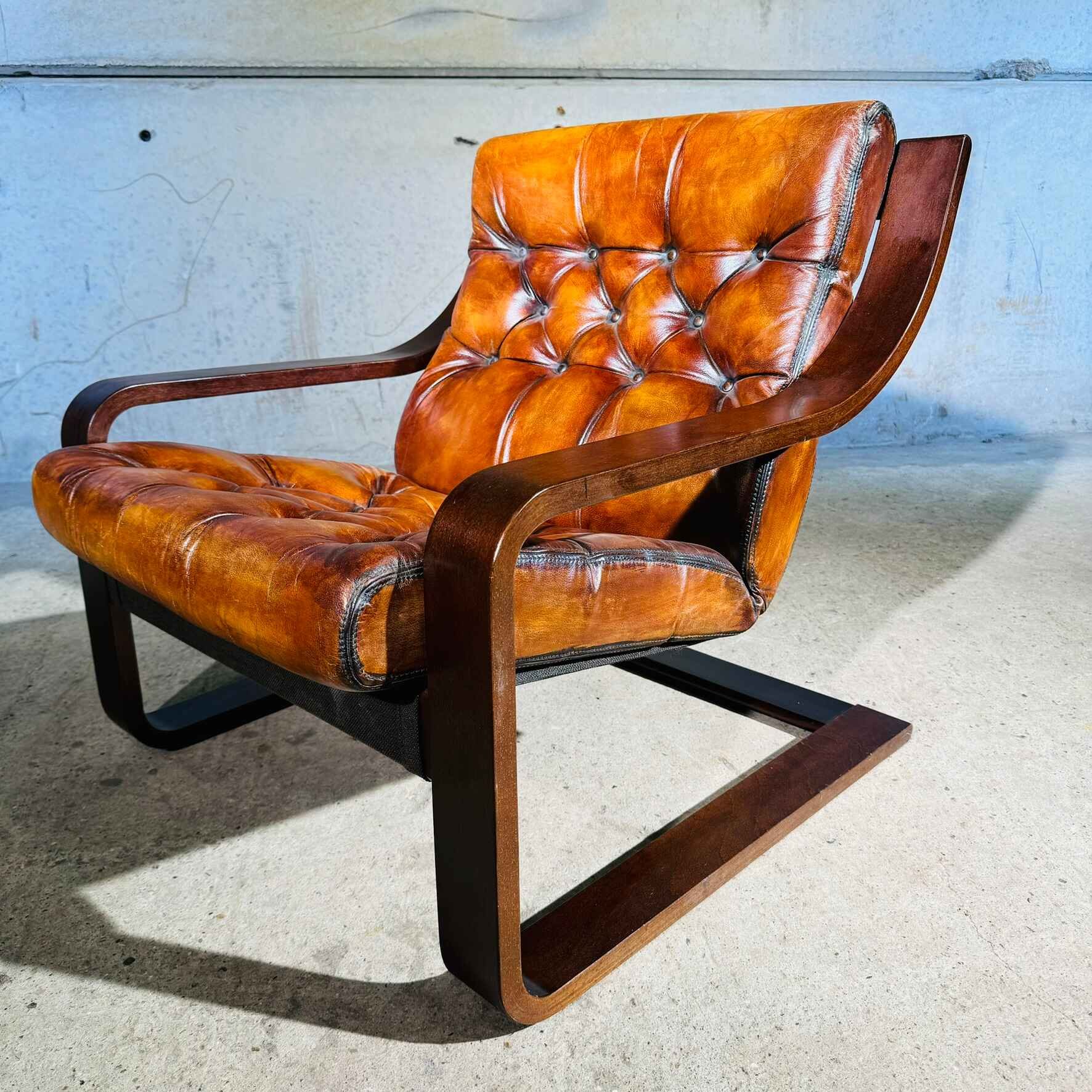 Vintage 70s Danish Armchair with Bentwood Beech Frame Tan Leather.jpeg