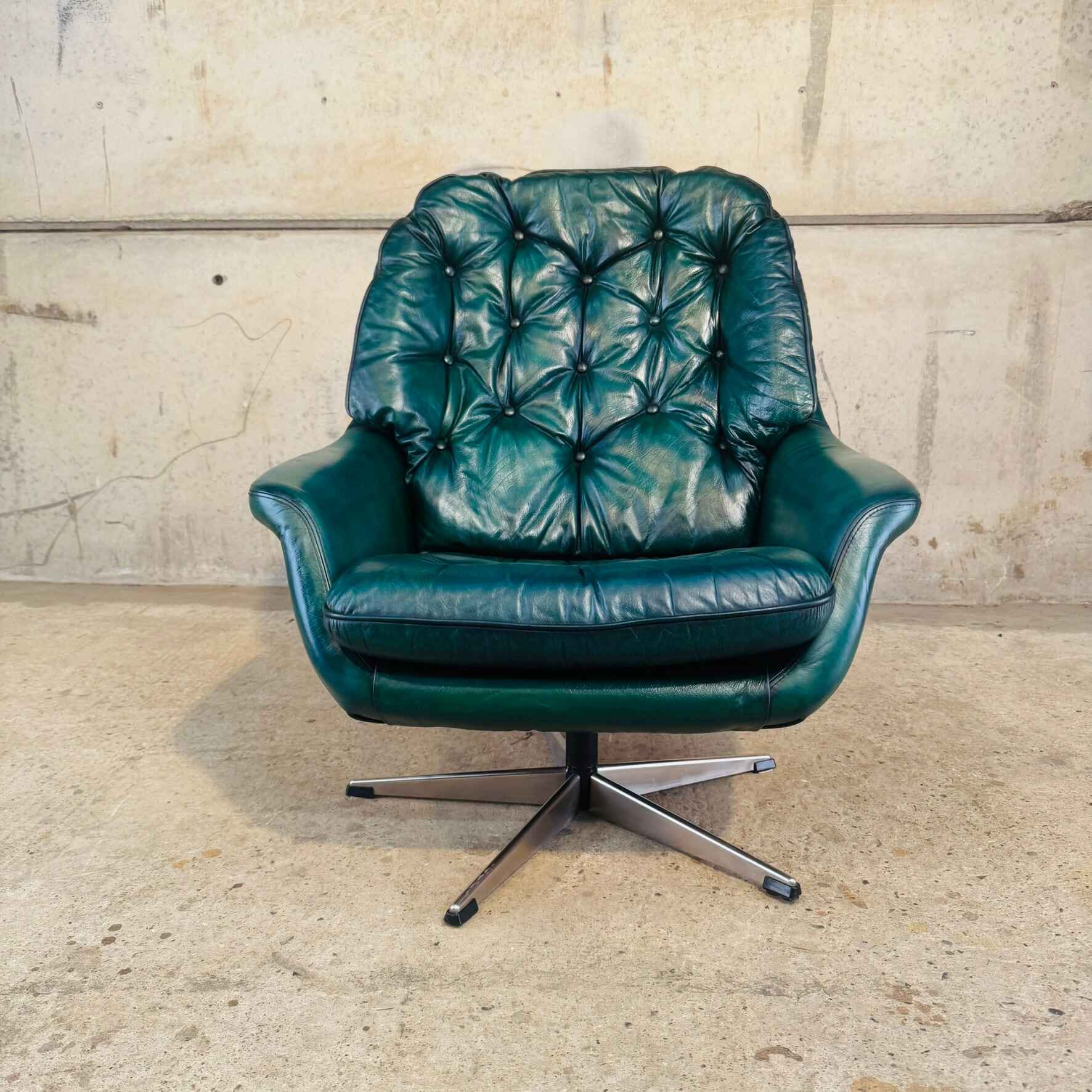 Vintage Scandi Green Leather Swivel Egg Chair – Chrome Base.jpeg