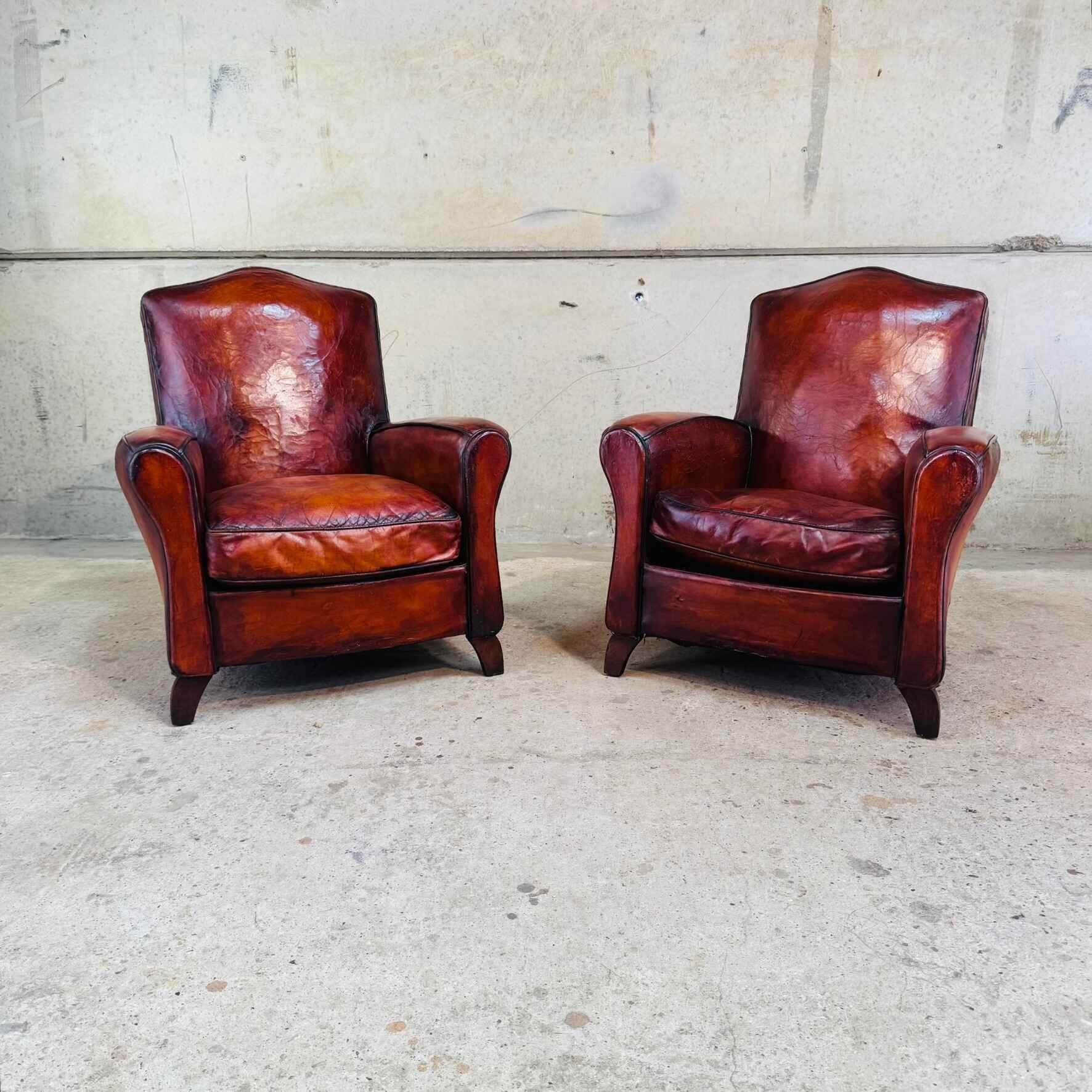 Pair of Vintage 1940s French Cognac Leather Club Chairs – Great Shape.jpeg