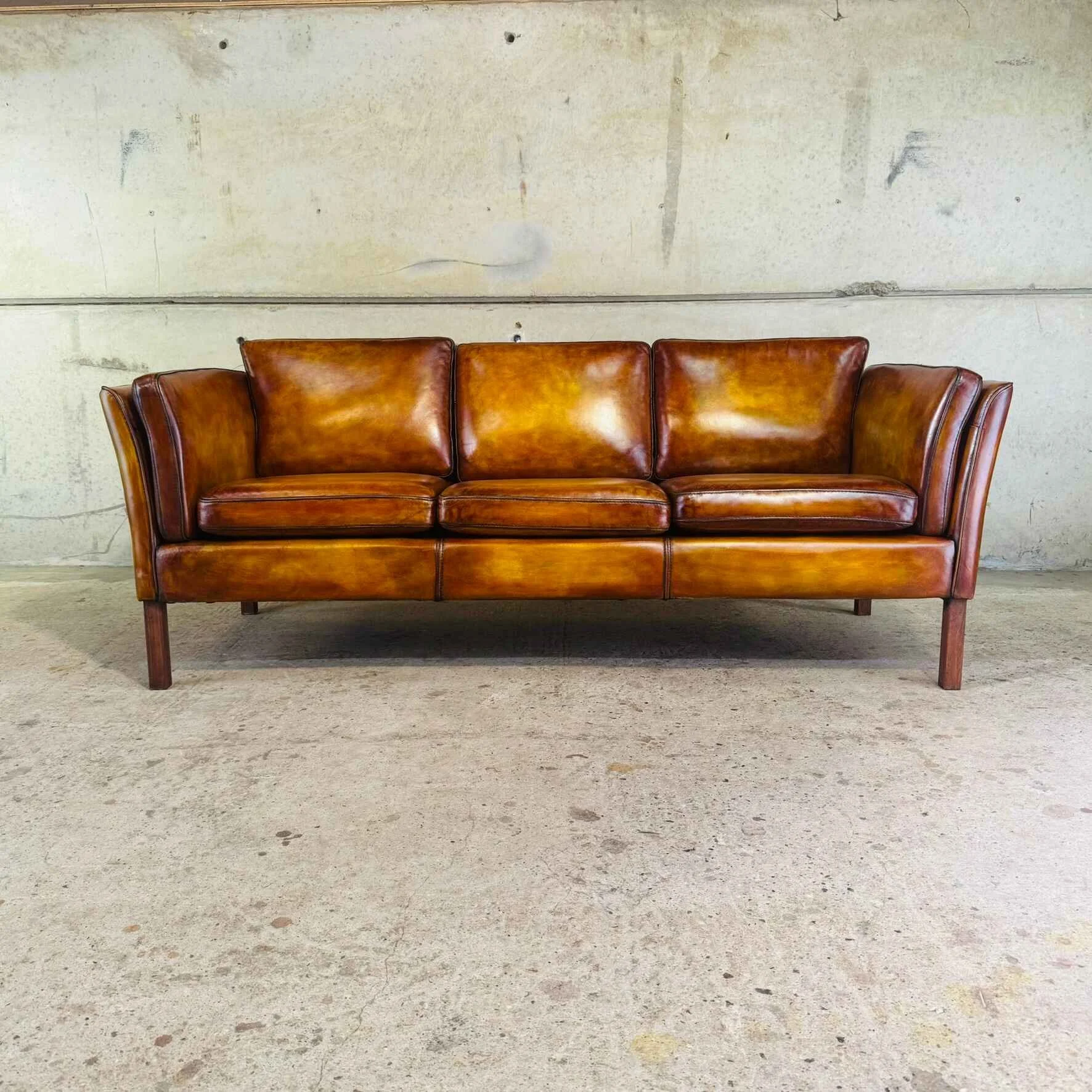 Vintage Danish Light Tan Leather Three-Seater Sofa.jpeg