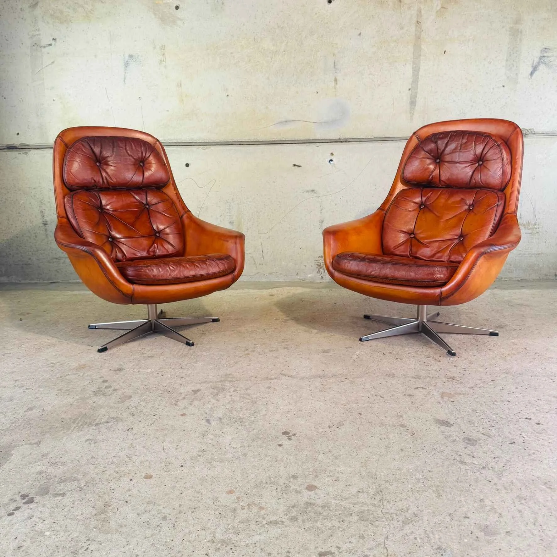 Vintage Danish Pair of Tan Leather Swivel Egg Chairs – Chrome Base.jpeg