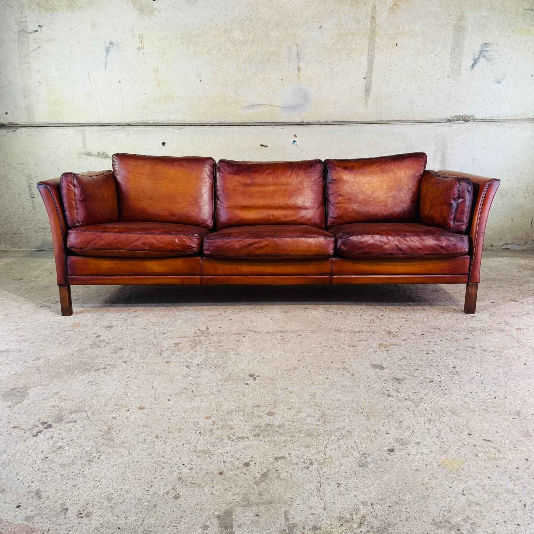 Long Vintage 1970s Danish Mogens Hansen Three Seater Tan Leather Sofa.jpeg