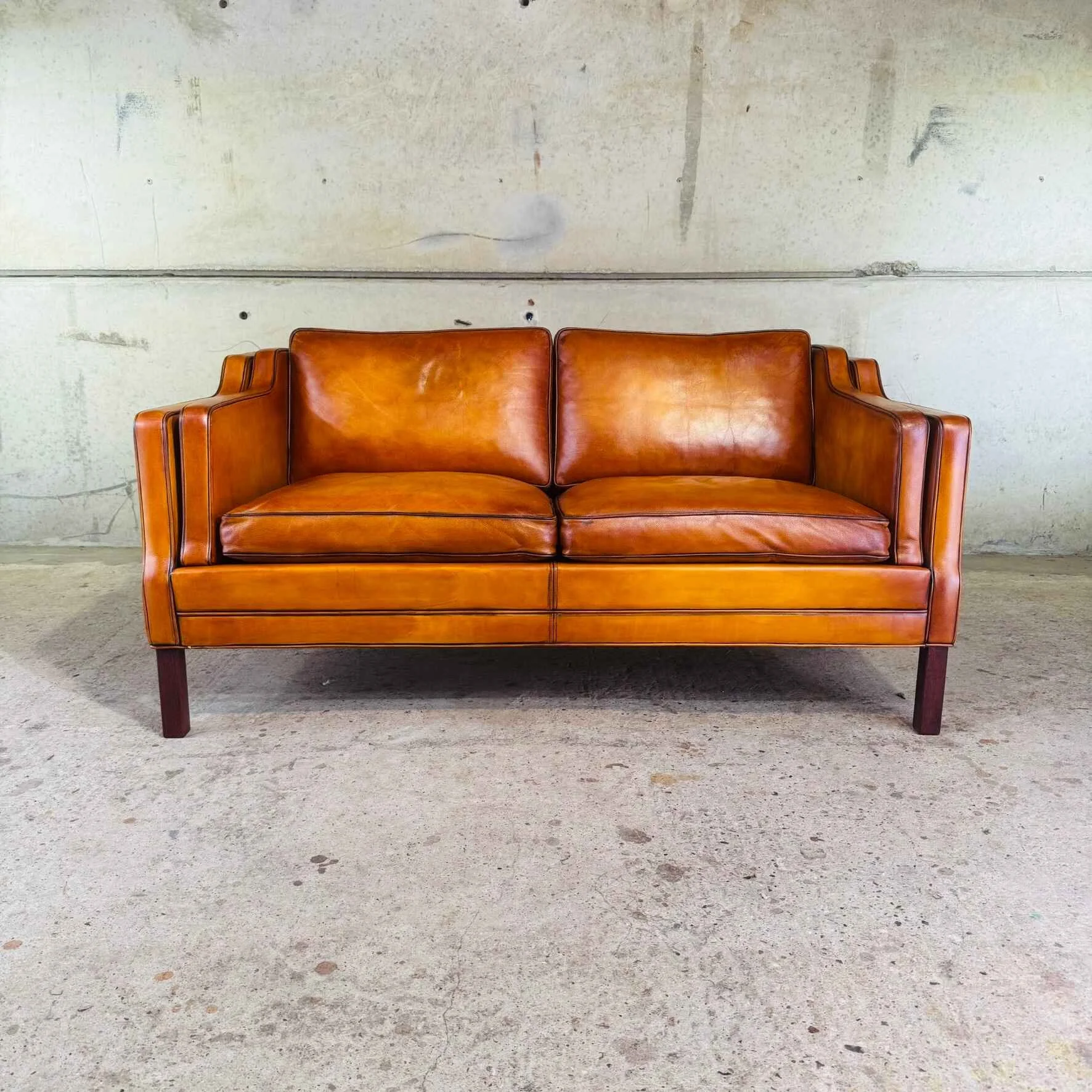 Vintage Danish Børge Mogensen Style Cognac Leather Two-Seater Sofa.jpeg