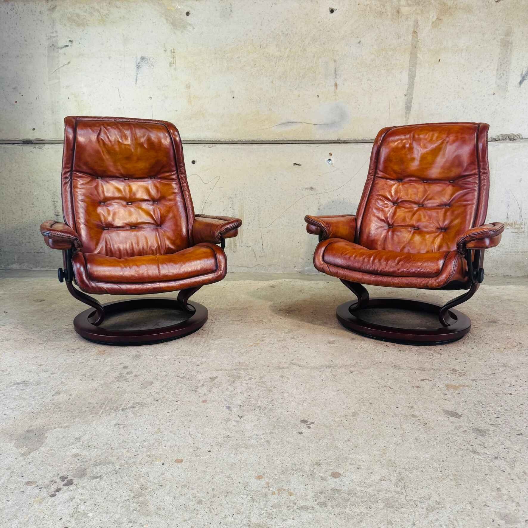 Vintage Pair of Ekornes Cognac Leather Reclining Armchairs – Swivel Base.jpeg