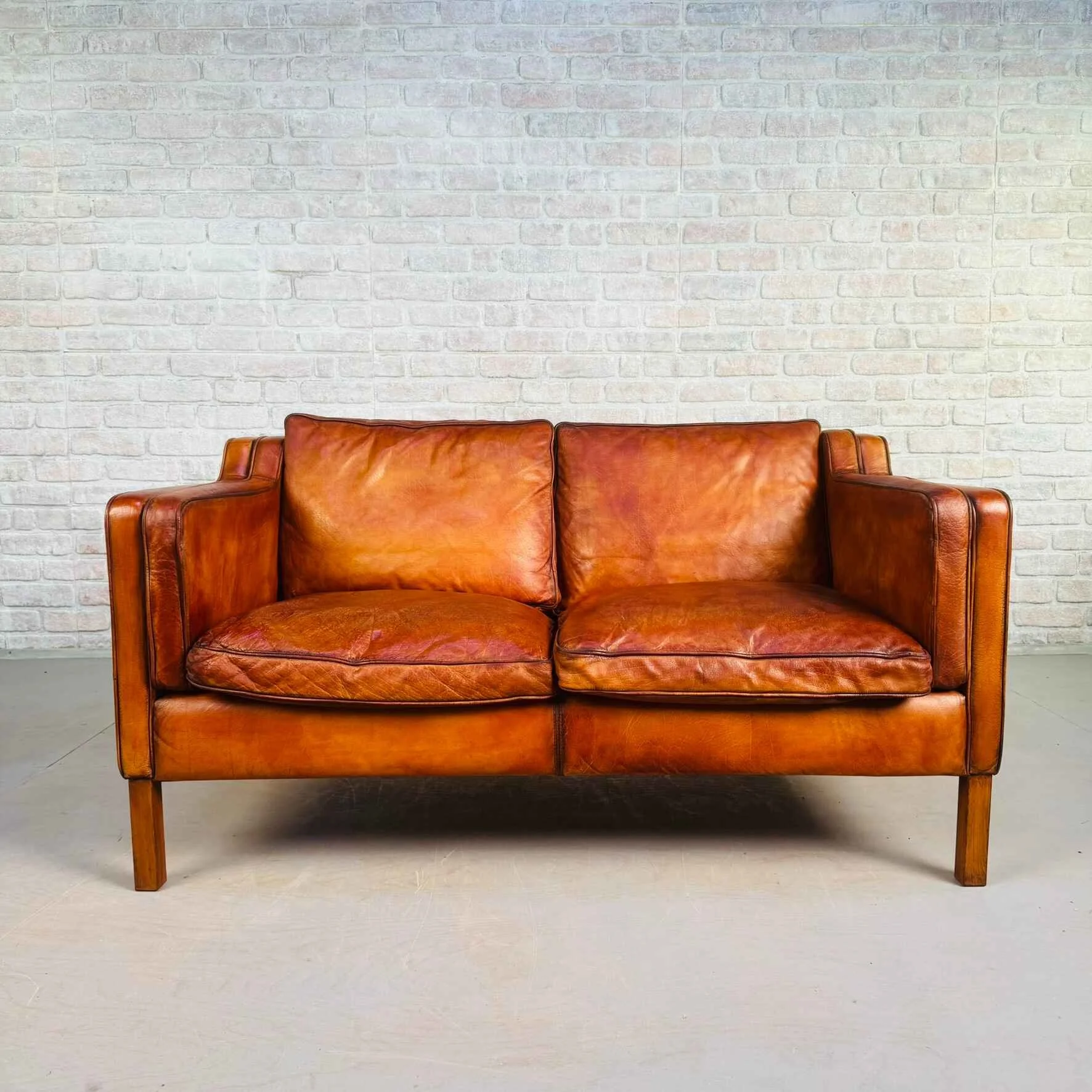 Vintage Børge Mogensen Style Tan Leather Two-Seater Sofa by Stouby.jpeg