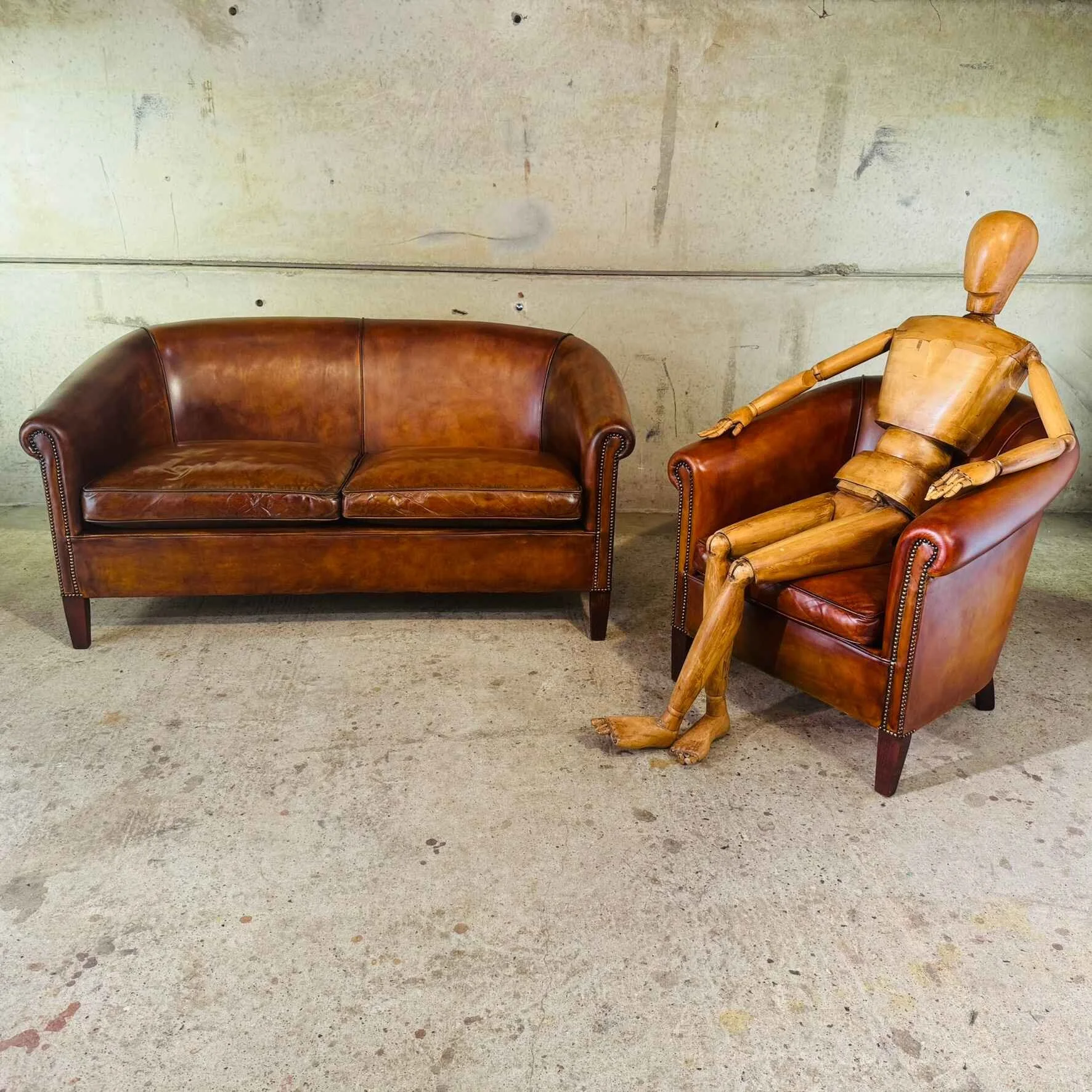 Vintage Dutch Art Deco Style Tan Leather Two-Seater Sofa and Armchair (2).jpeg