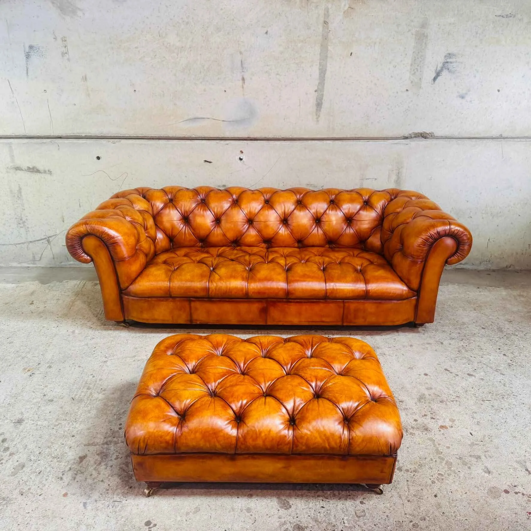 Pair of Vintage Tetrad 3-Seater Tan Chesterfield Sofas with Footstool.jpeg