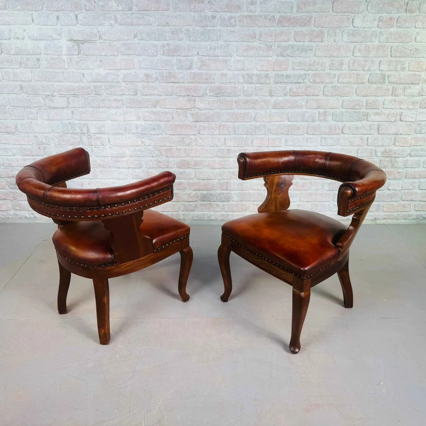 Pair of 40s Antique Danish Tan Leather Partner’s Desk Chairs Walnut Frame.jpeg