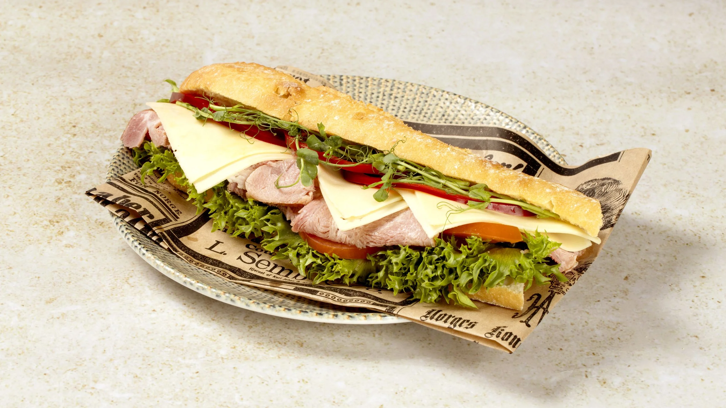 Baguette with cheese and ham