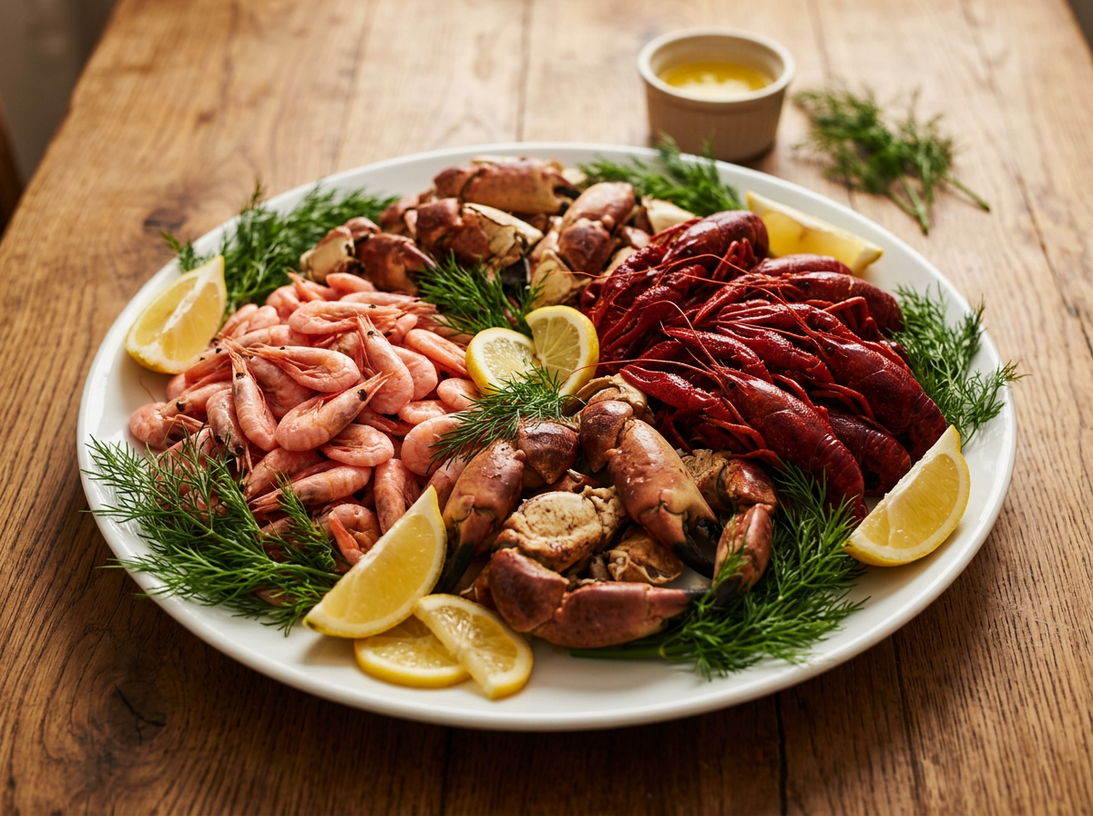 Seafood buffet with shrimp, crayfish and crab claws