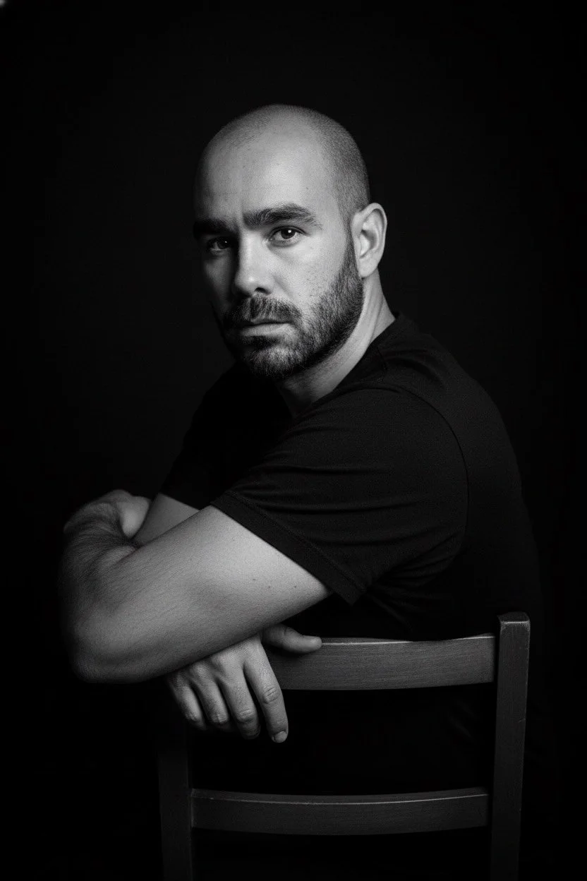 Black and white portrait of a man with a shaved head and beard, sitting with his arms crossed on a chair against a dark background.