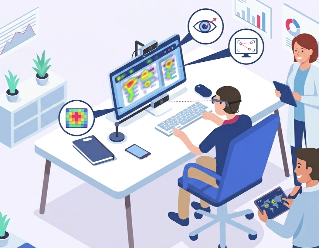 An isometric illustration representing biometric user research and eye-tracking testing services by a professional DUX UX agency, featuring digital heatmaps, data charts, and researchers analyzing interface usability.