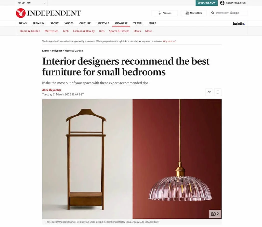 The Independent article “Interior designers recommend the best furniture for small bedrooms”, featuring advice from Jo Hamilton of Jo Hamilton Interiors, March 2026.