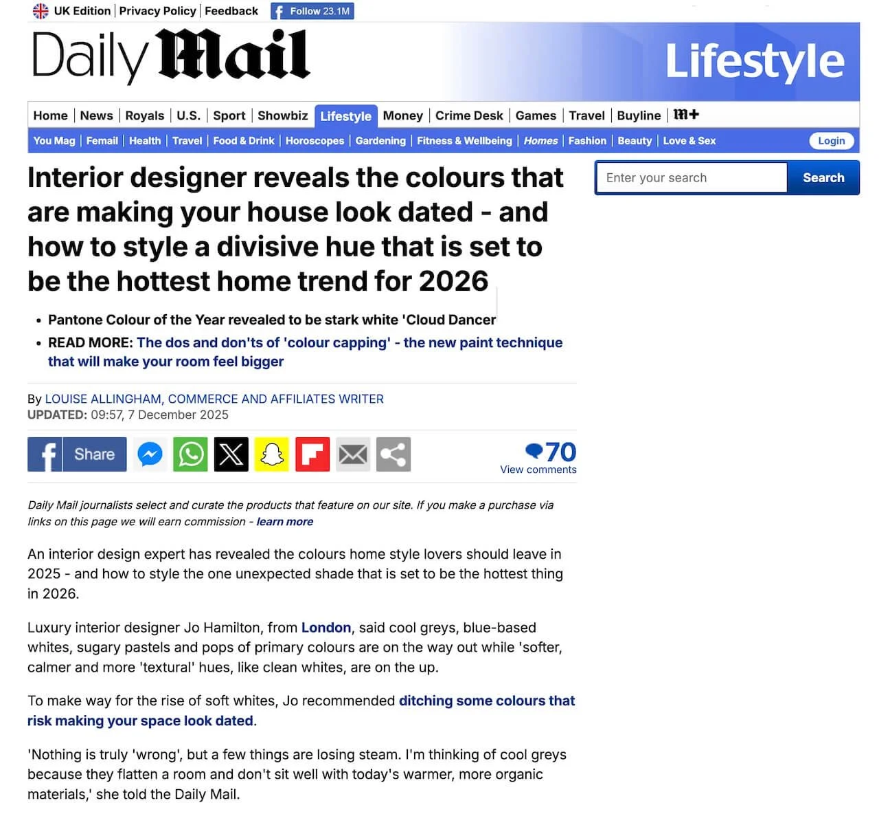 Daily Mail article on dated colours and 2026 home trends, featuring interior design advice from Jo Hamilton of Jo Hamilton Interiors, December 2025.