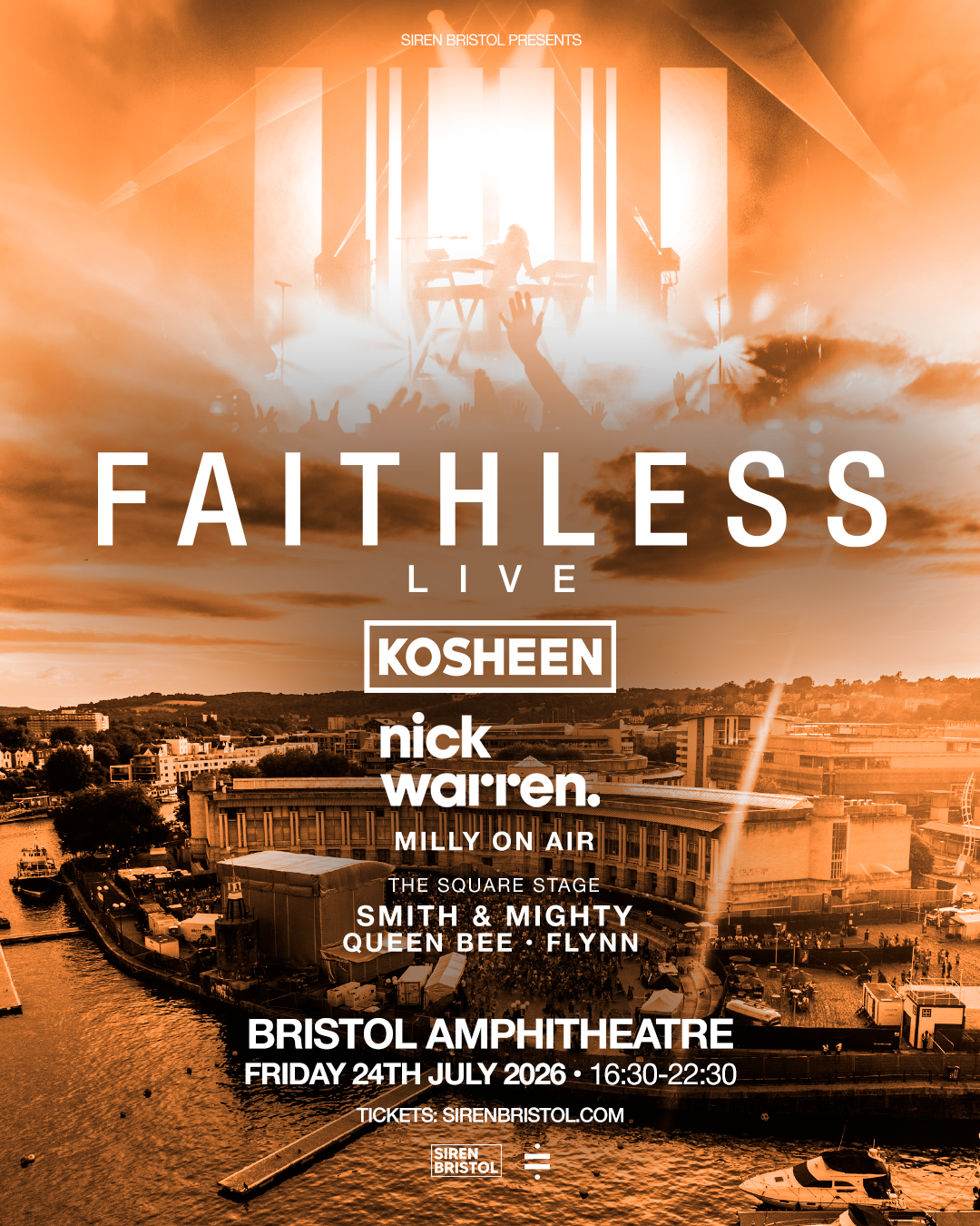 Concert poster for Faithless Live with Kosheen at Bristol Amphitheatre on July 24, 2026, featuring an image of a live performance, crowd, and cityscape background.
