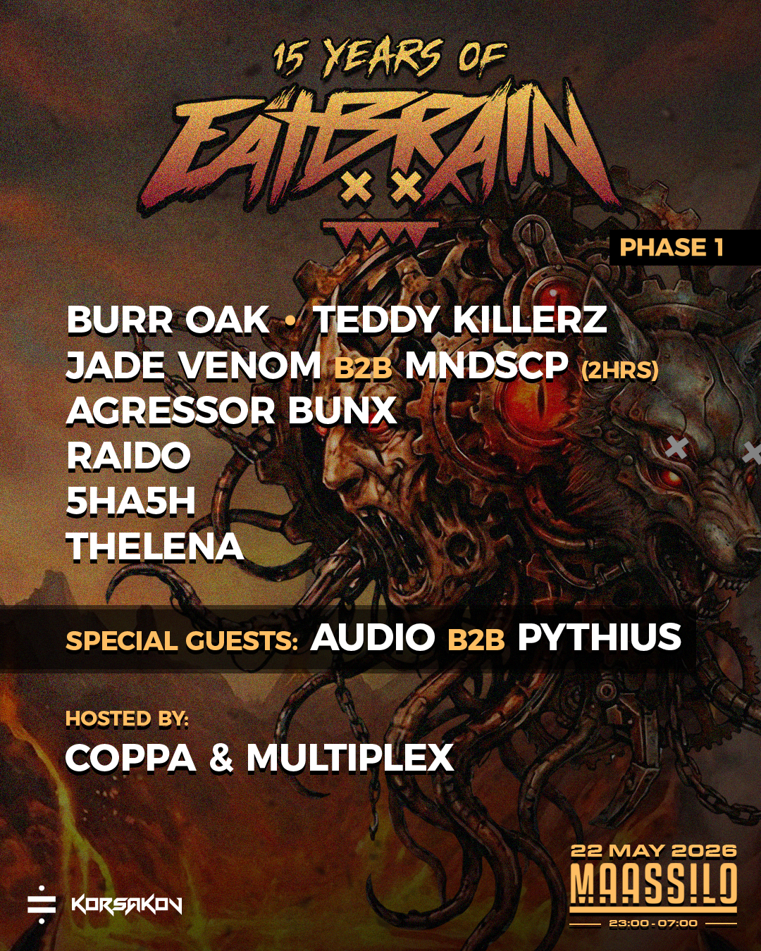 Event poster celebrating 15 years of Battlefield with a list of artists, guest entertainers, and event details, featuring a dark, mechanical, beast-themed background.