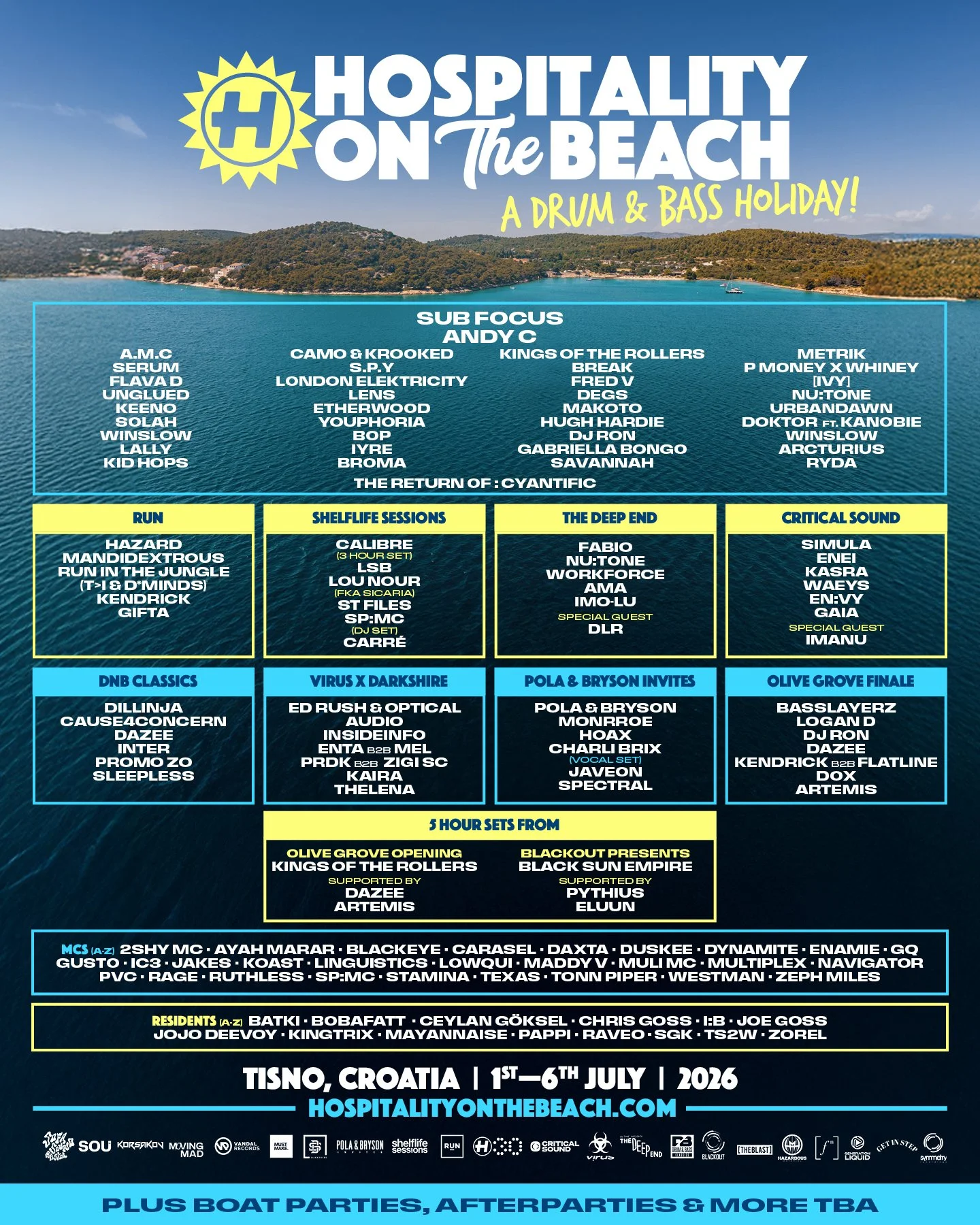 Event poster for Hospitality on the Beach music festival in Tisno, Croatia, July 1-6, 2026, featuring a lineup of artists and stages.