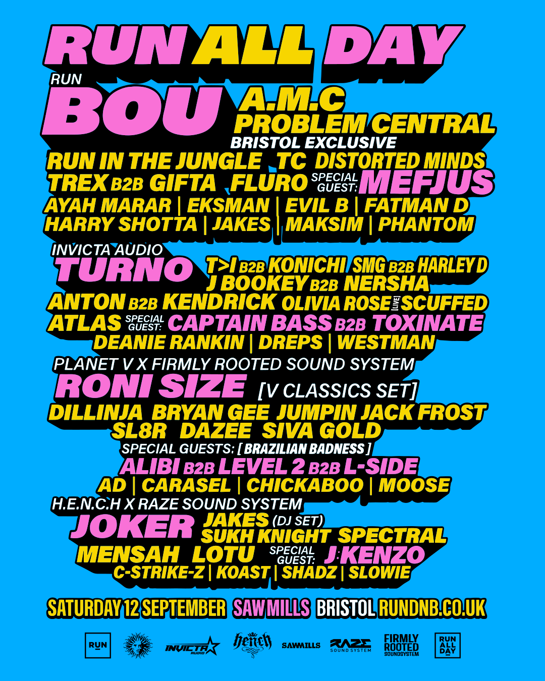 Promotional poster for an all-day running event featuring the text 'Run All Day' in bold yellow and black letters, with event date '12.09.26' and location 'Sawmills,' along with website 'rundnb.co.uk' and sponsor logos at the bottom.
