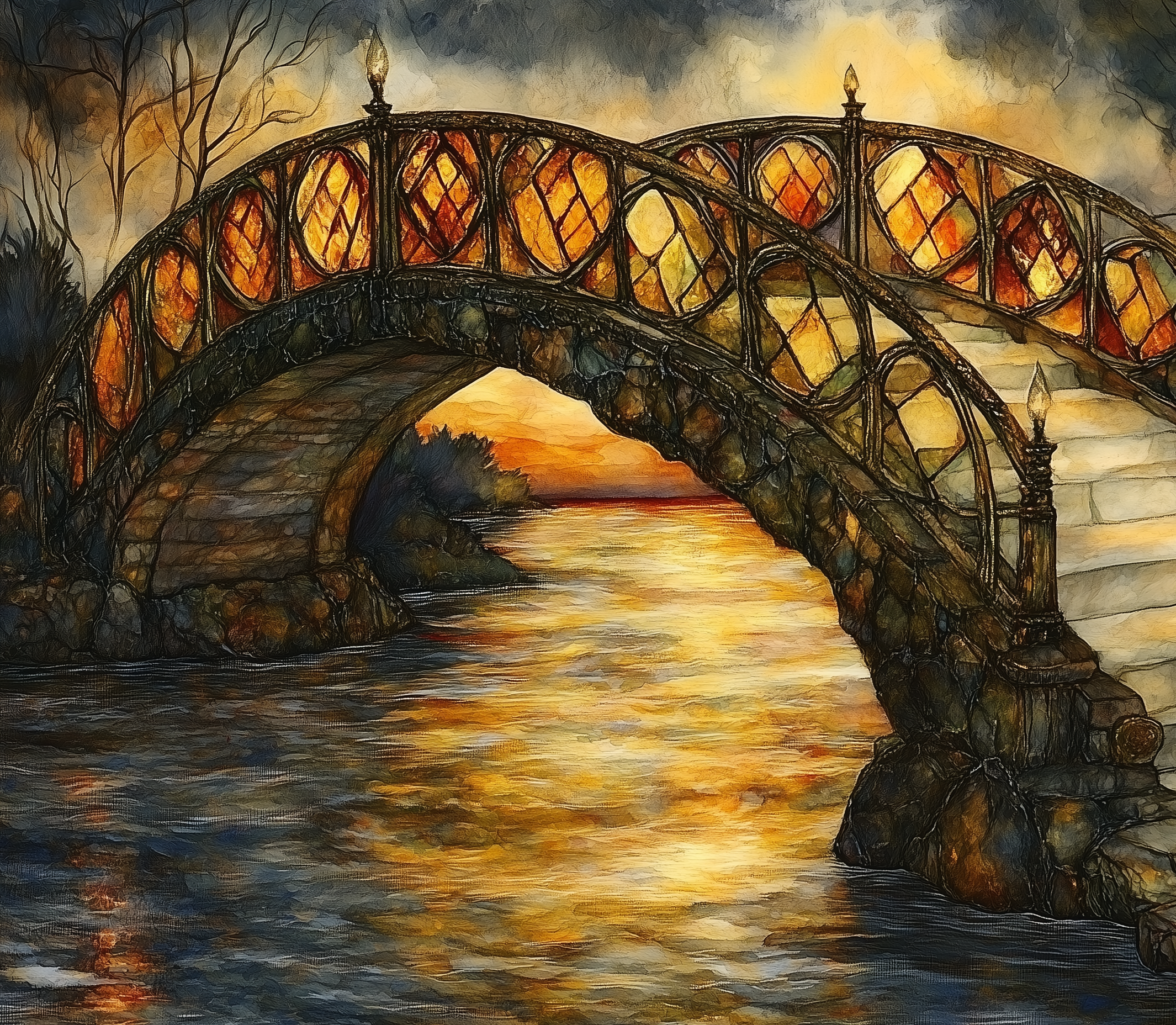 A painted image of a bridge over a river during sunset, with warm tones reflecting on the water and bare trees in the background.