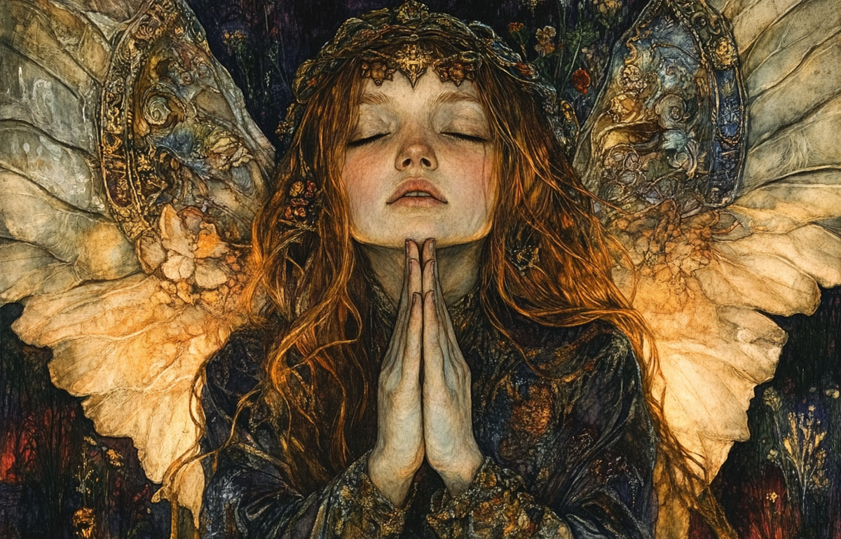 Artistic image of a fairy with closed eyes and hands in prayer, featuring detailed wings and a floral headpiece.