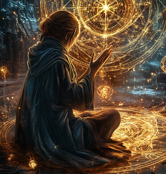 Person in cloak sitting cross-legged, surrounded by glowing, mystical golden symbols and circles, in a dark, atmospheric setting.