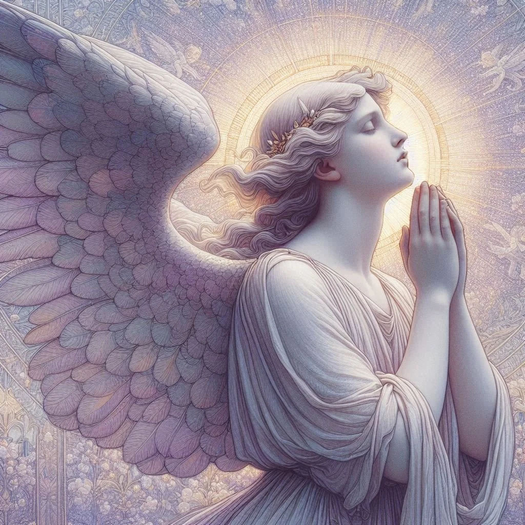 Artistic depiction of an angel with wings, wearing a flowing robe, praying with a softly glowing halo in the background.
