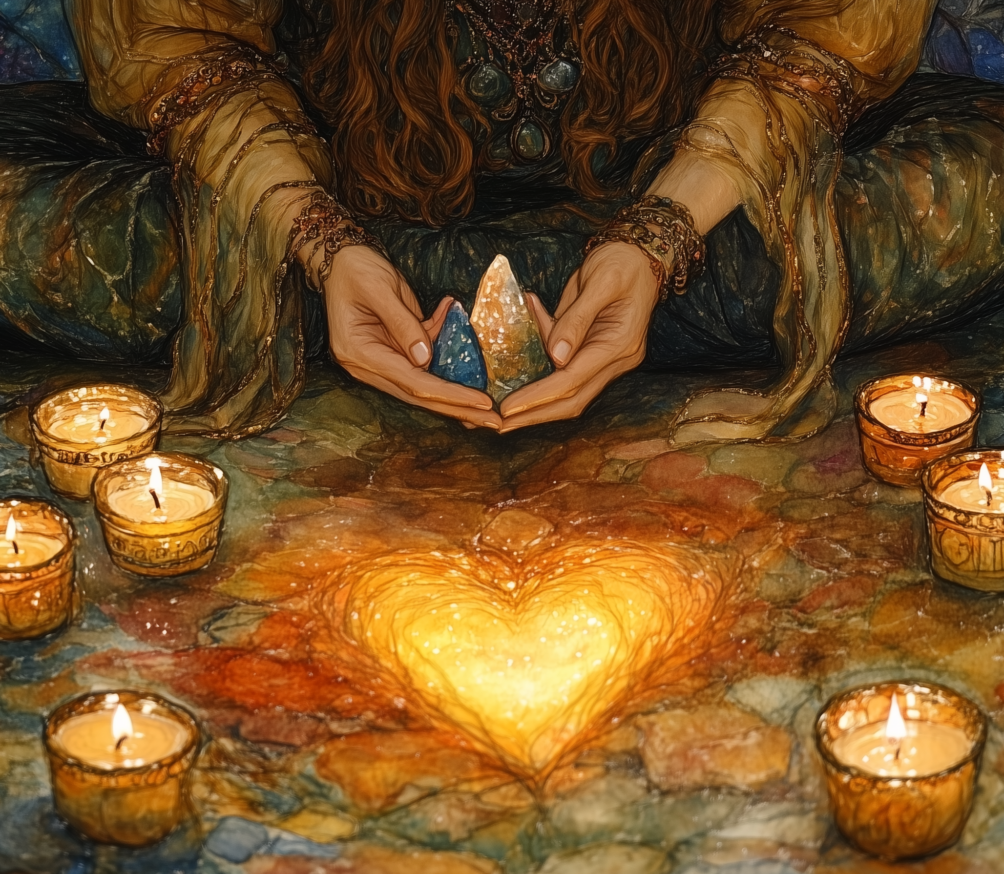 A person wearing a green and gold embroidered dress is holding three polished stones and sitting among glowing tea light candles arranged in a semi-circle. The person is surrounded by a warm, colorful, artistic background.
