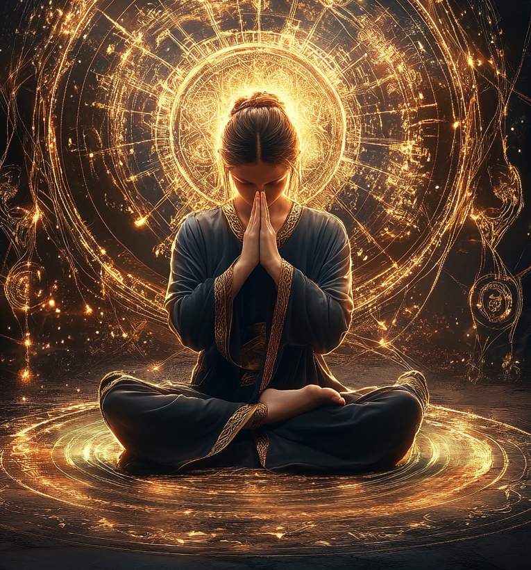 Person meditating with intricate golden light patterns around, seated in a serene pose, wearing traditional attire, and surrounded by glowing mandala designs.