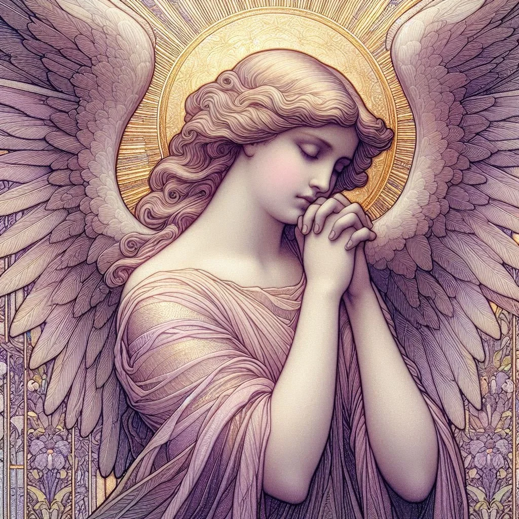 Illustration of a serene angel with wings and halo, clasping hands in prayer.