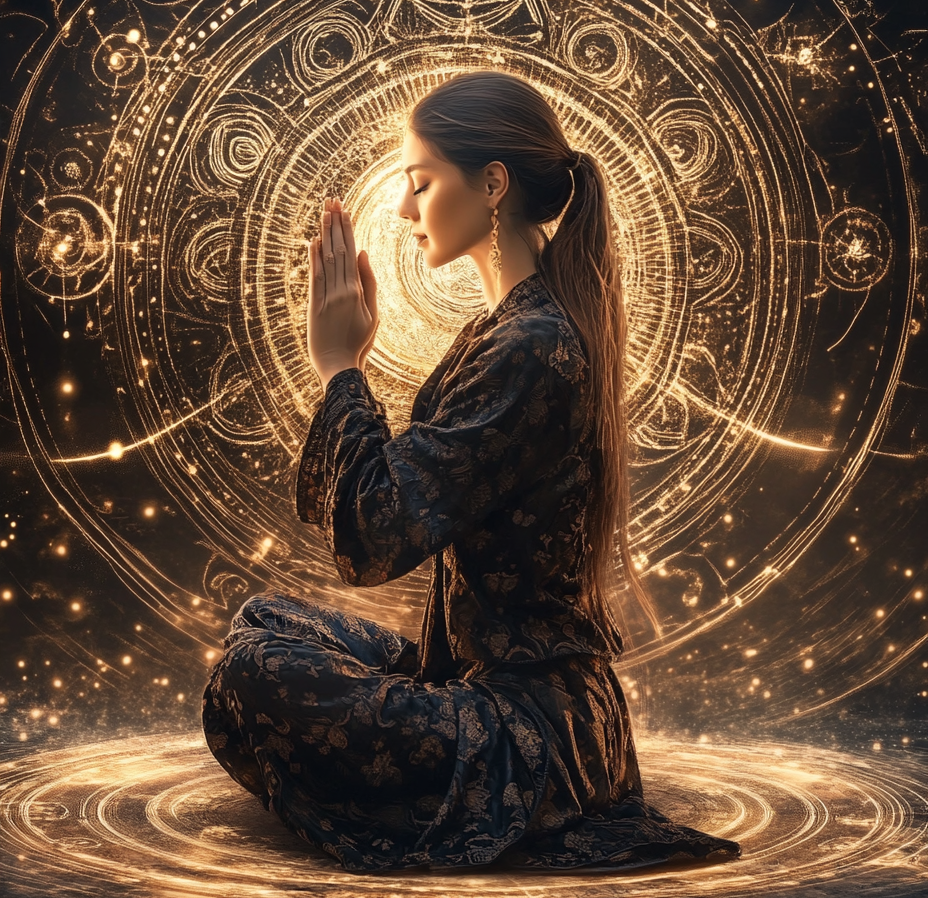 A woman in a meditative pose, sitting cross-legged with hands in prayer position, surrounded by intricate golden energy patterns and glowing light.